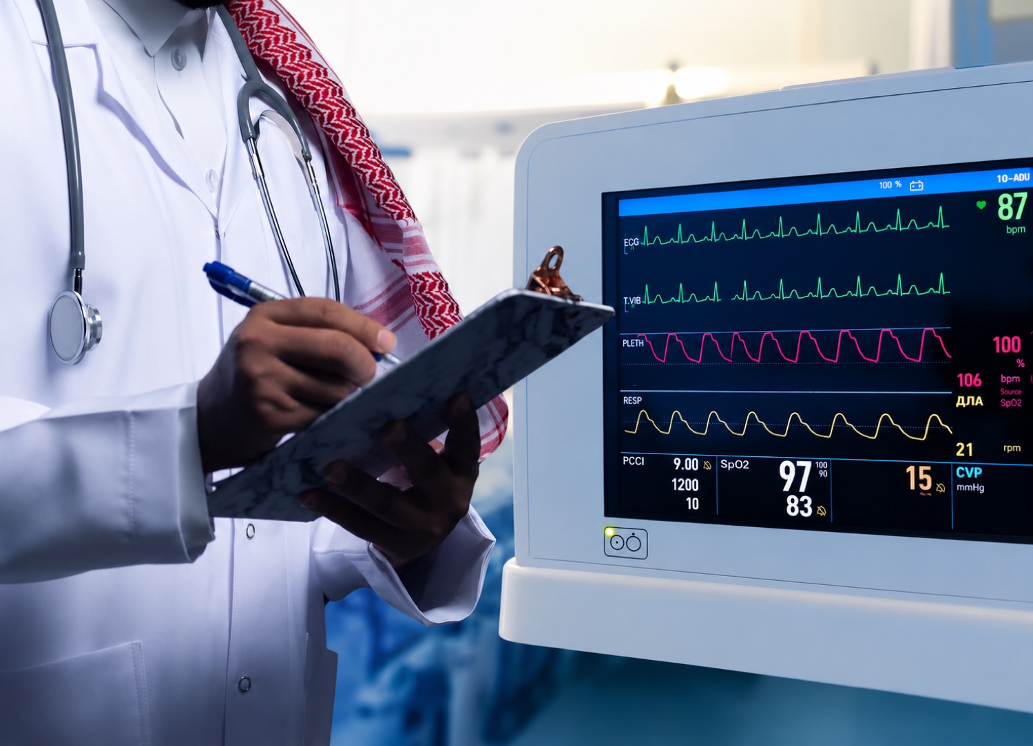 Saudi physician reviewing patient monitoring data